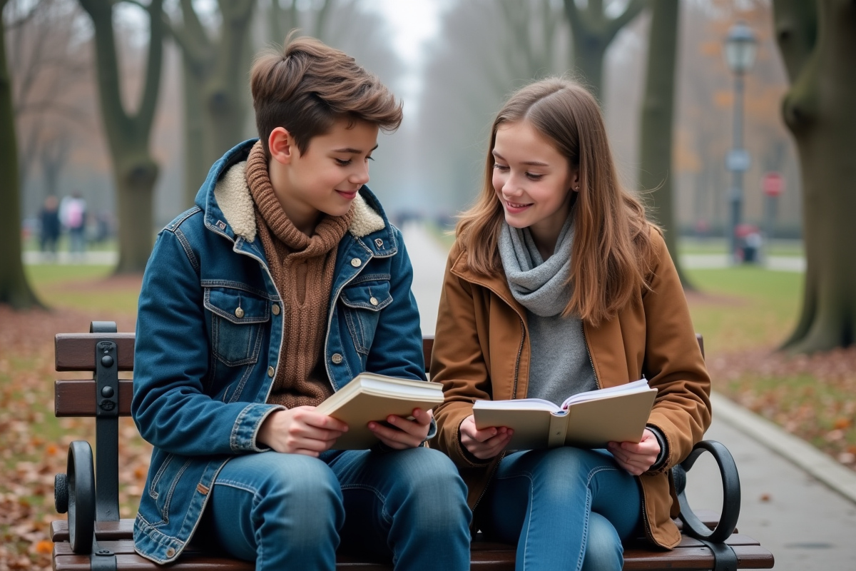 Deux adolescents échangeant des carnets de dessin dans un parc en hiver