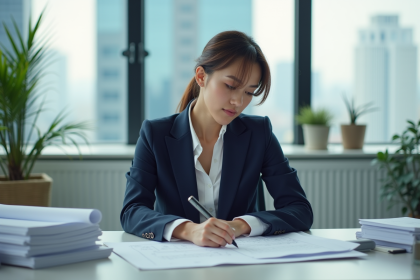 Femme architecte examinant des plans dans son bureau moderne
