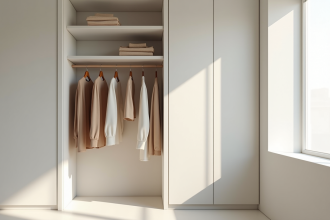 Armoire minimaliste avec vêtements neutres et lumière naturelle