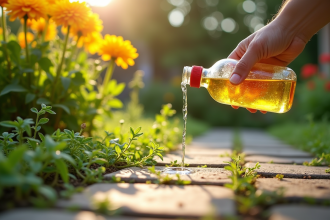 Main versant du vinaigre sur mauvaises herbes entre pavés