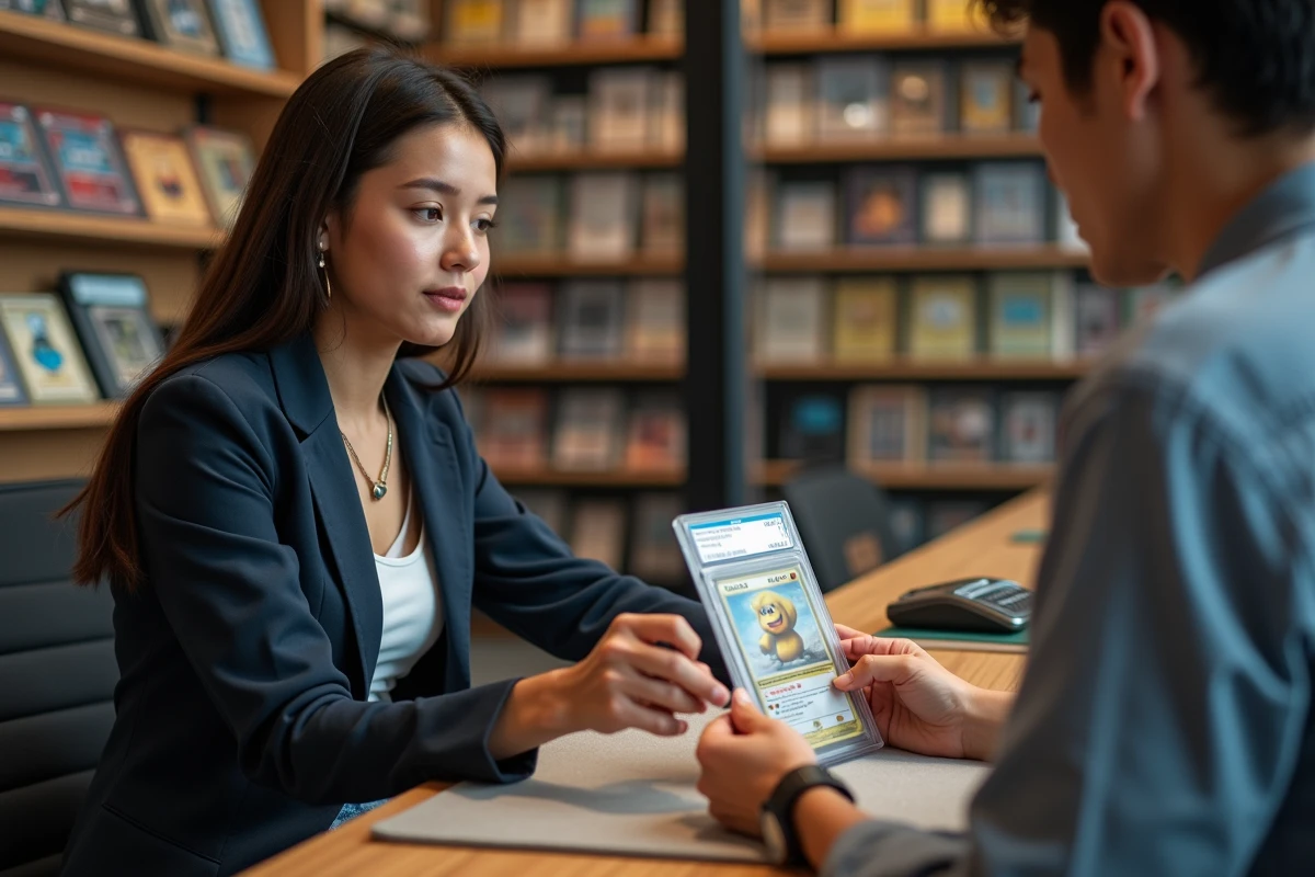 Femme remettant une carte Pokémon encadrée à un authentificateur