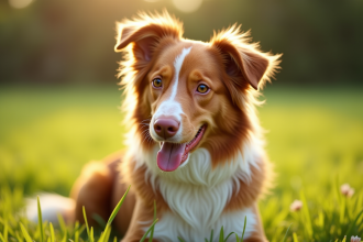 Chien berger australien rouge assis dans un champ ensoleille