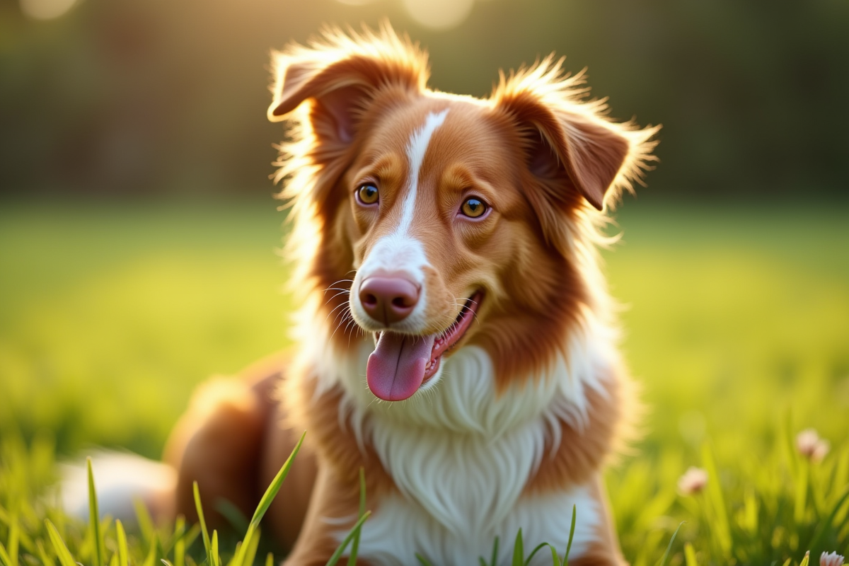 Chien berger australien rouge assis dans un champ ensoleille