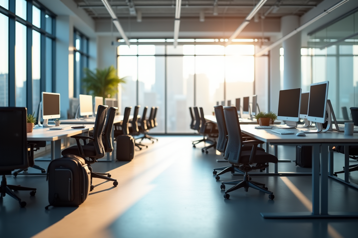 Espace de travail moderne avec stations de hotdesking et lumière naturelle