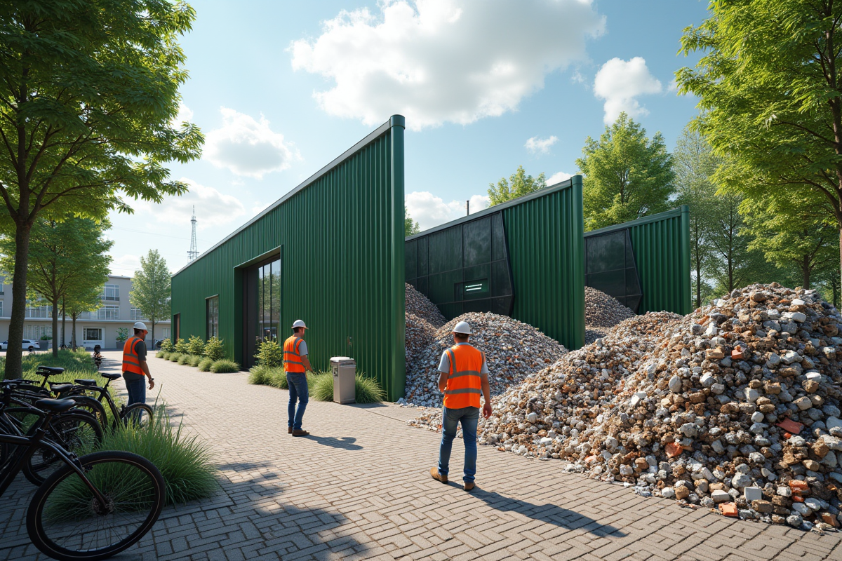 Centre de recyclage urbain écologique avec ingénieurs et vélos