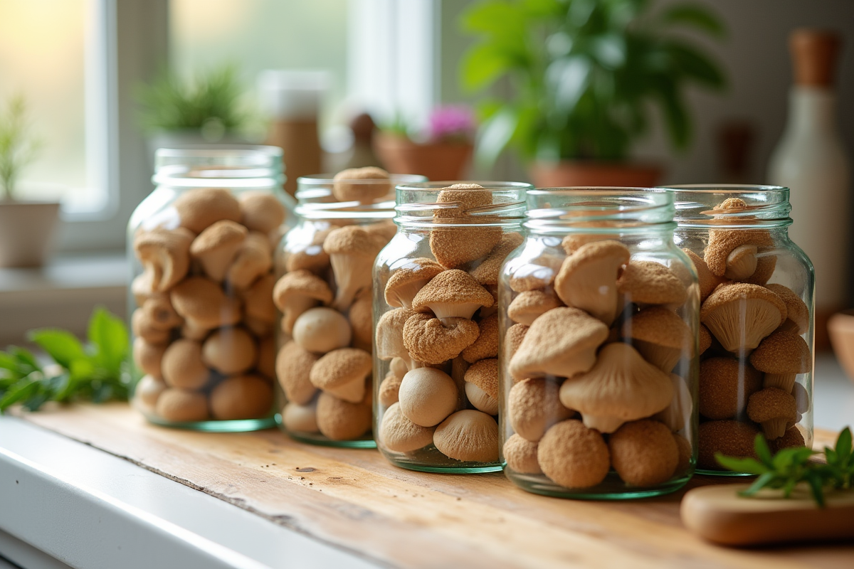 Chanterelles en conserve dans des bocaux sur un plan de travail lumineux
