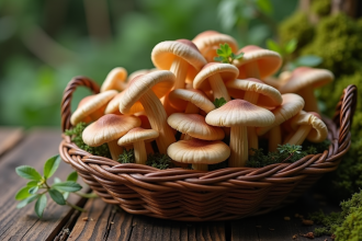 Champignons chanterelles grises fraîchement cueillies dans un panier en osier