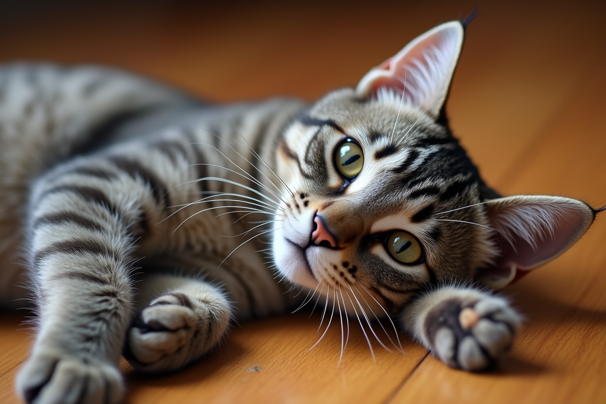 Chat argenté couché sur le sol en bois
