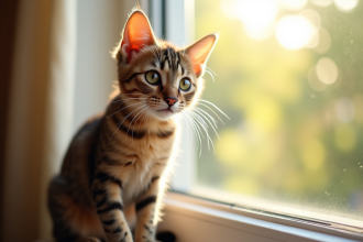 Chat tabby joueur sur une fenêtre ensoleillée