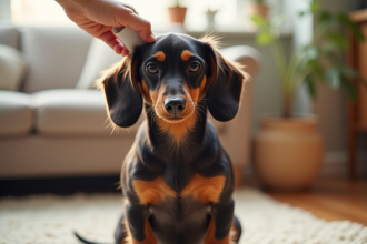 Kaninchen dachshund brossé dans un salon lumineux