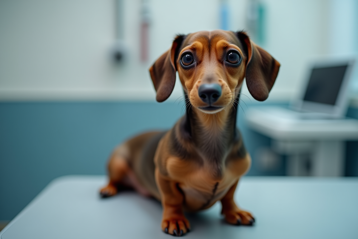 Dachshund en examen chez le vétérinaire en clinique