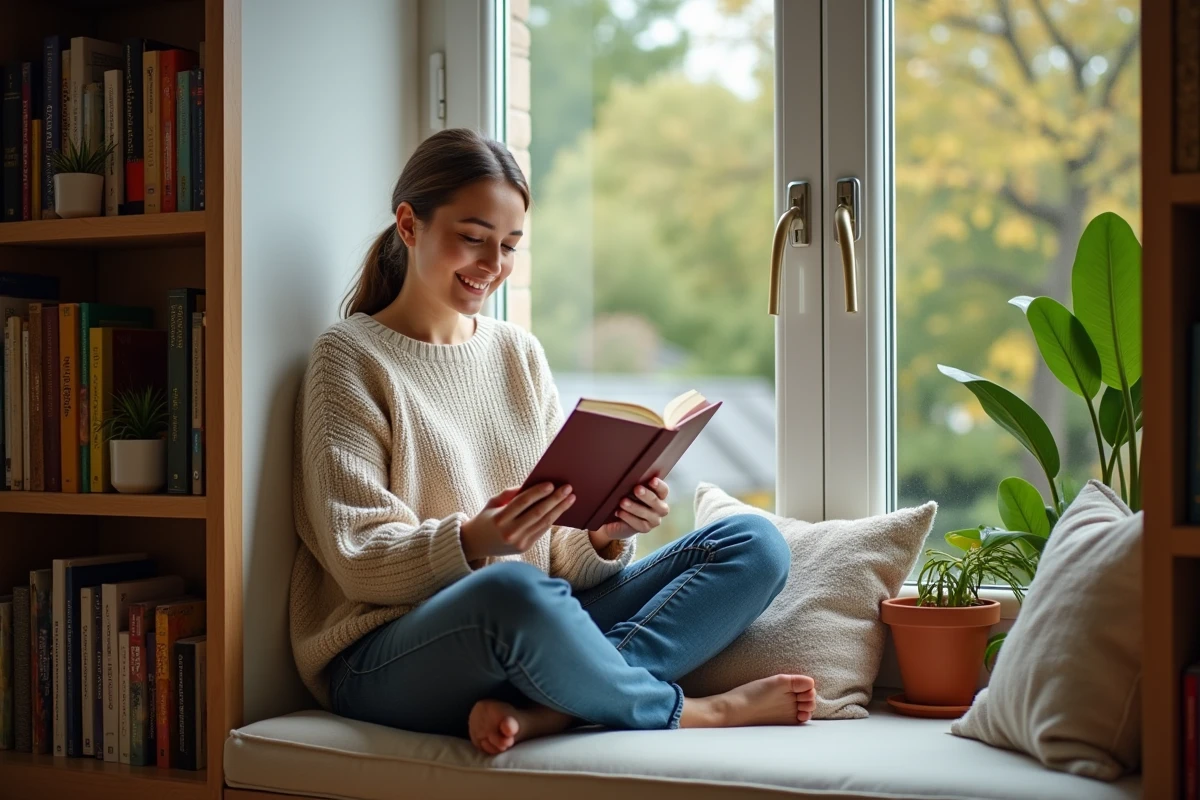 Femme lisant dans un coin lecture cosy avec étagères colorées