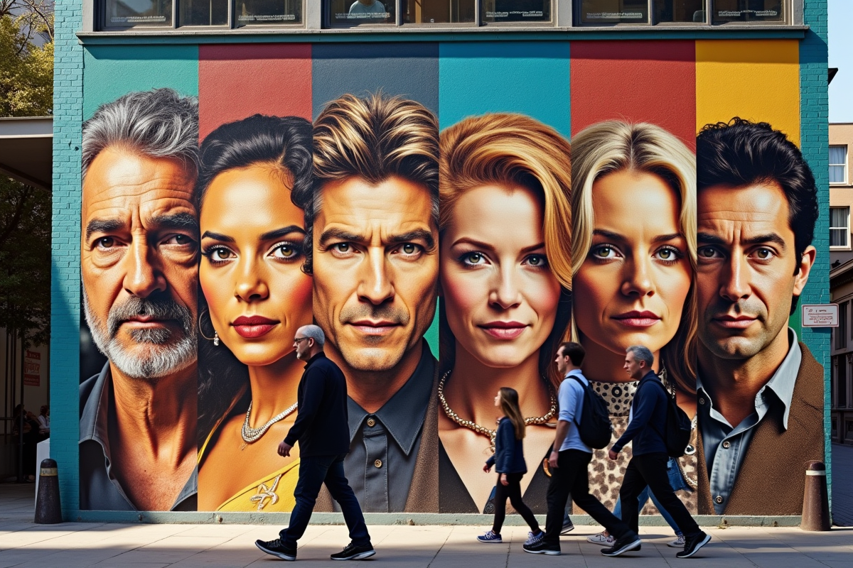 Collage coloré de personnages iconiques de cinema et TV avec noms commençant par B