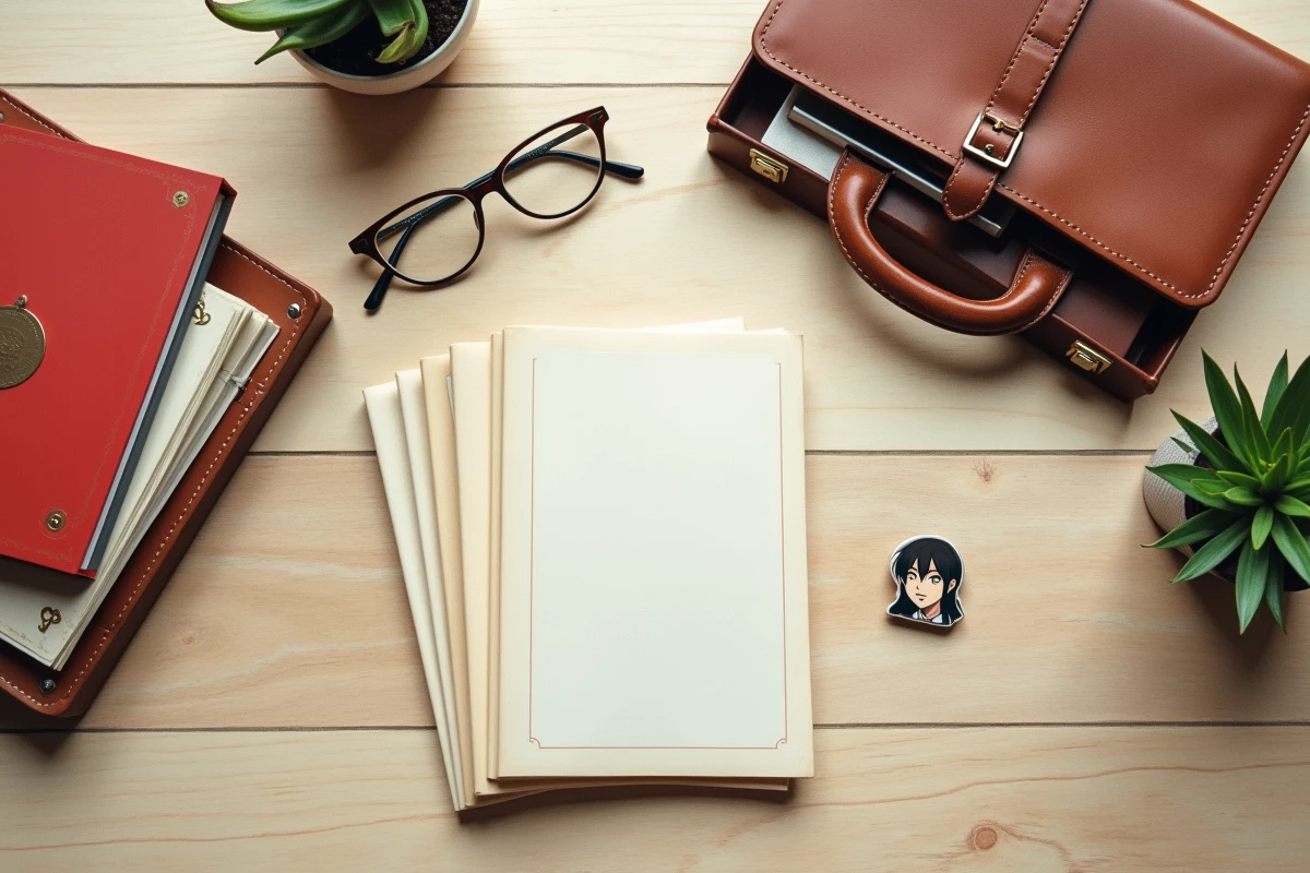 Flat-lay de collection manga Hunter x Hunter avec lunettes et mallette de médecin évoquant Leorio