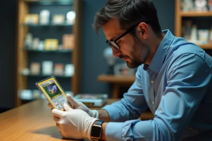 Homme concentré examinant une carte Pokémon rare