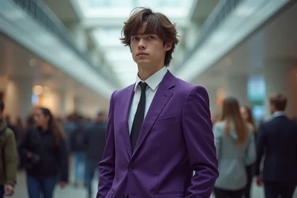 Cosplayer adulte en costume violet inspiré de Leorio de Hunter x Hunter lors d'une convention manga