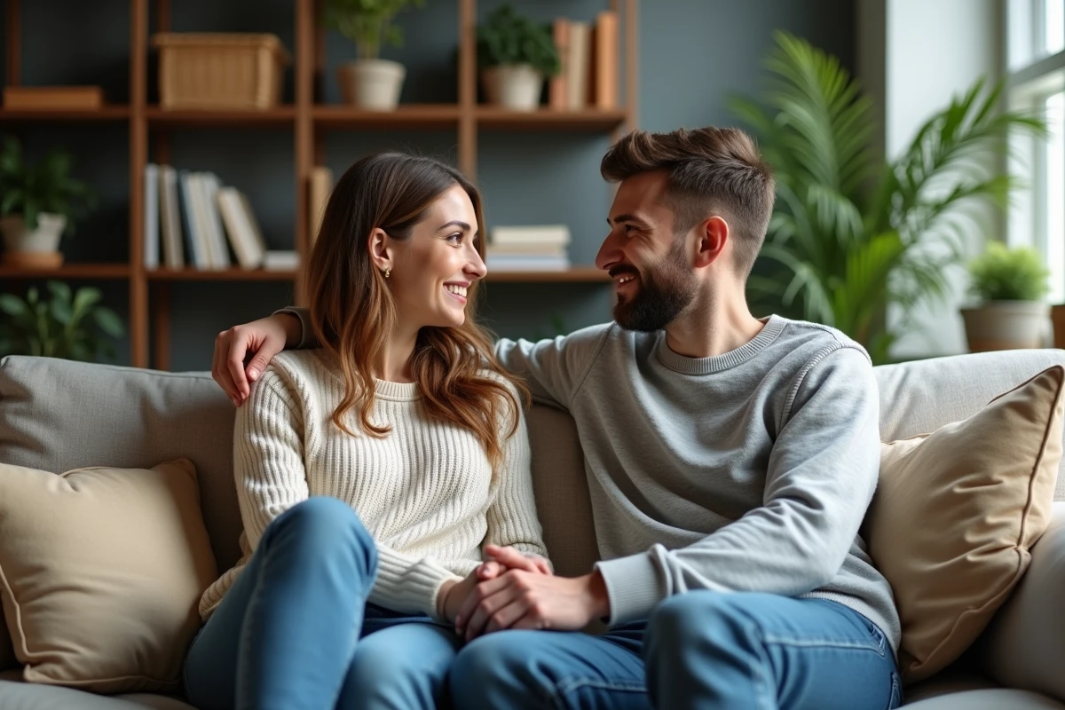Couple assis sur un canapé en conversation chaleureuse