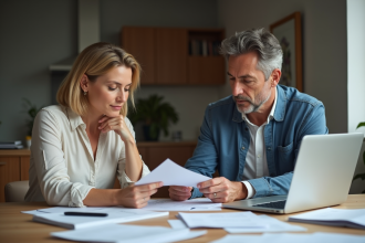 Couple d'adultes travaillant à domicile avec papiers et ordinateur