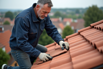 Couvreur posant une tuile en terre cuite sur un toit en pente