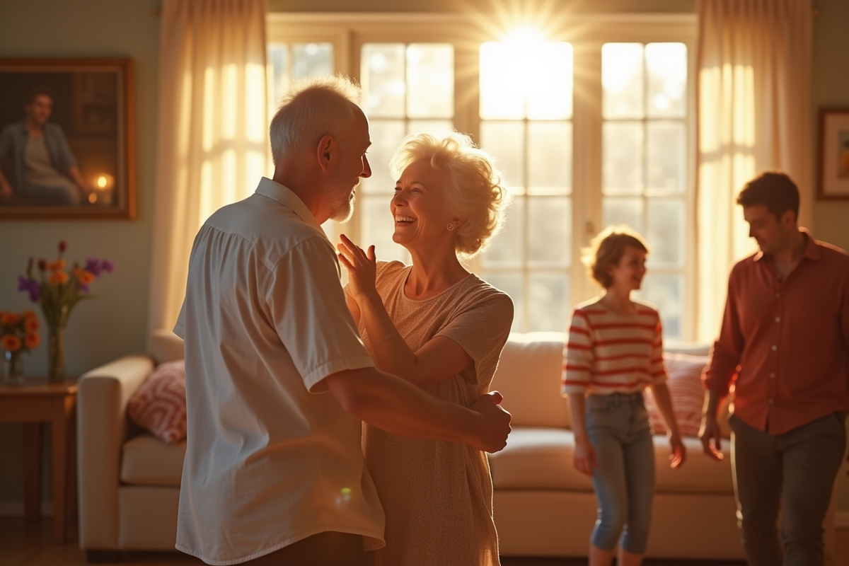 Couple dans la soixantaine dansant dans un salon lumineux