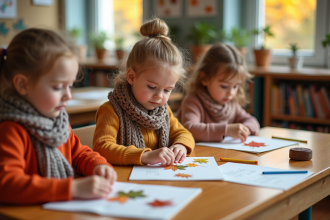 Groupe d'enfants en classe créant un herbarium d'automne