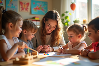 Enseignant attentif avec enfants dans une classe lumineuse
