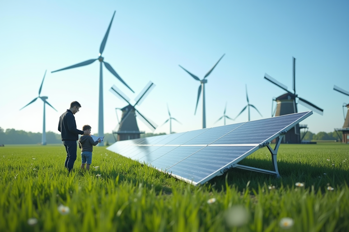 Éoliennes et panneaux solaires modernes dans un paysage néerlandais