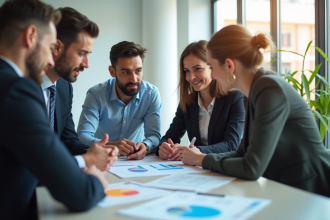 Groupe d'employes divers au bureau examinant des documents de salaire