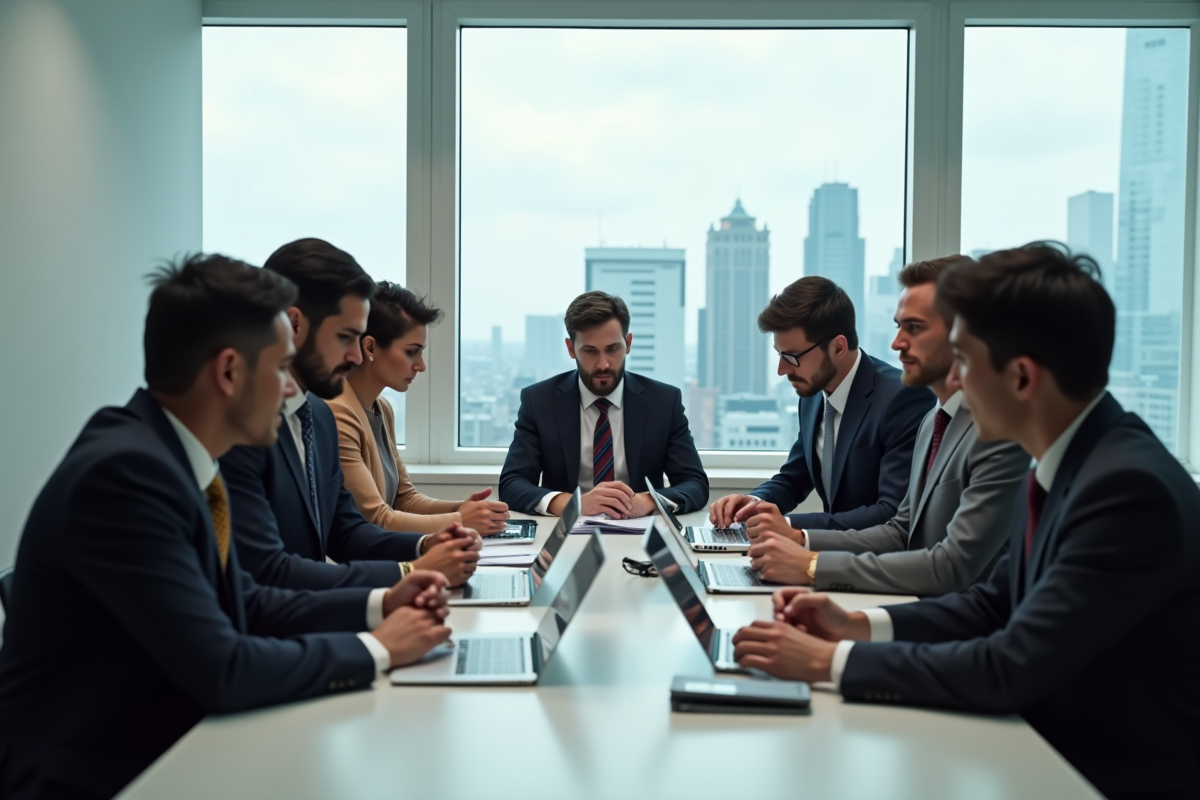 Groupe de professionnels collaborant autour d'une table avec appareils numériques