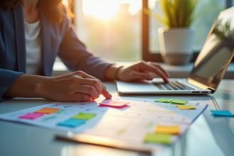 Espace de travail professionnel avec notes colorées et calendrier numérique