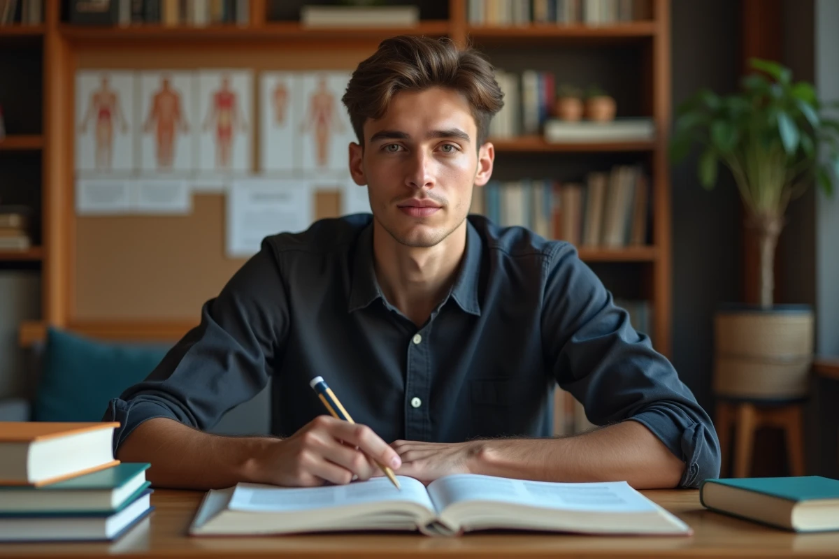 Jeune homme déterminé étudiant la médecine dans une chambre universitaire, évoquant le personnage de Leorio