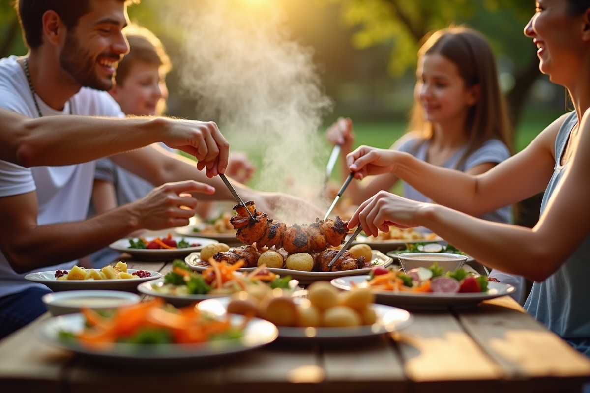 Famille dégustant une pierrade en extérieur avec plats variés