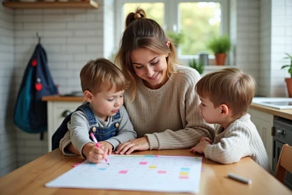 Mère avec enfants planifiant sur un calendrier familial à la maison