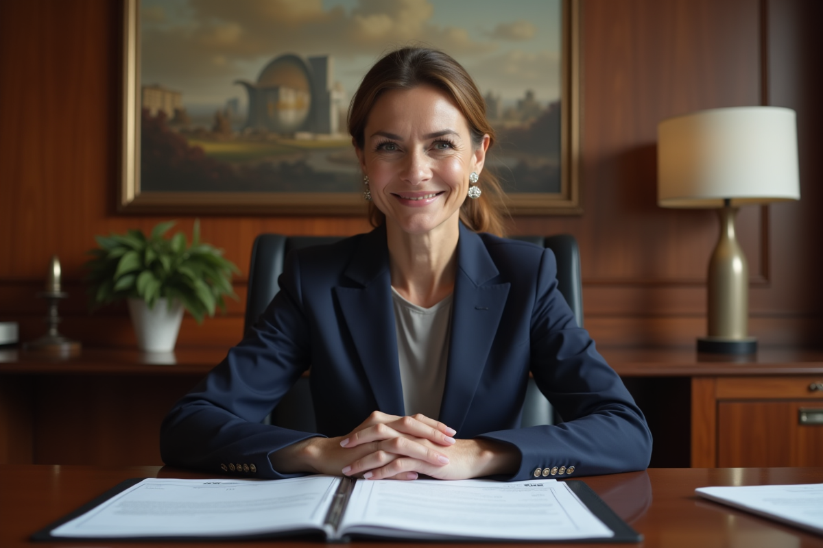 Femme d affaires en costume navy dans une banque
