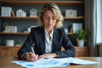 Femme d affaires examinant des documents financiers dans un bureau