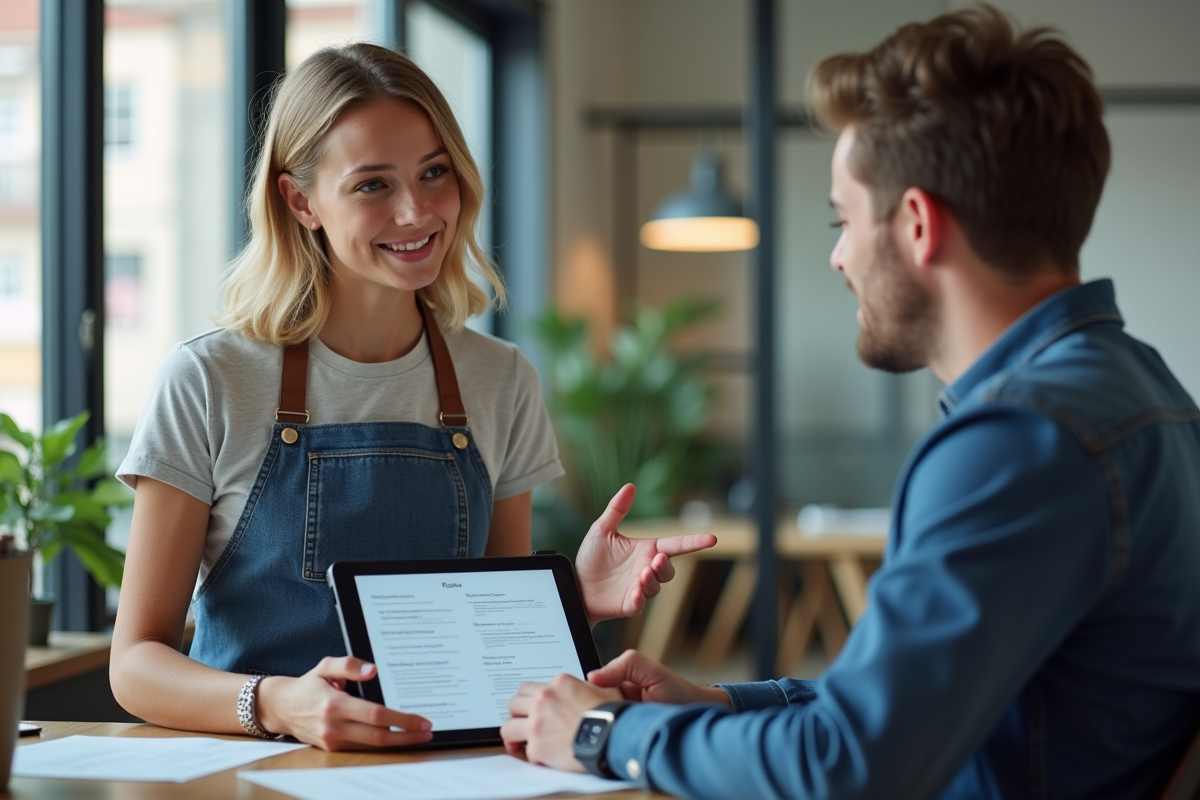 Jeune femme artisan discutant avec conseiller fiscal dans espace moderne