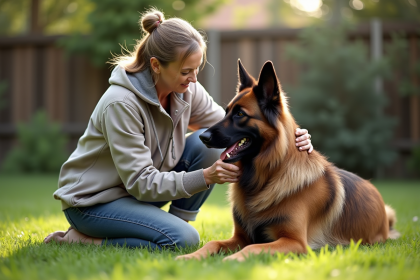 Femme caressant un malinois dans un jardin verdoyant