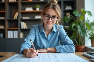 Jeune femme au bureau consulte un tableau de conversion minutes heures