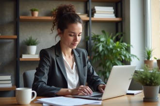 Femme travaillant sur son ordinateur avec documents fiscaux