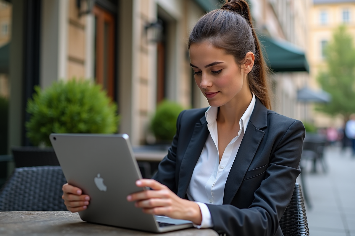 Femme jeune consulte rankings ETF sur une tablette en extérieur