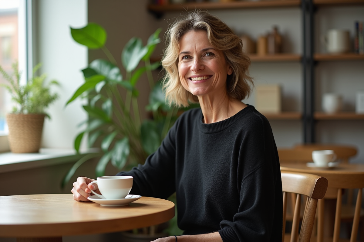 Femme souriante dans un café avec tasse en porcelaine