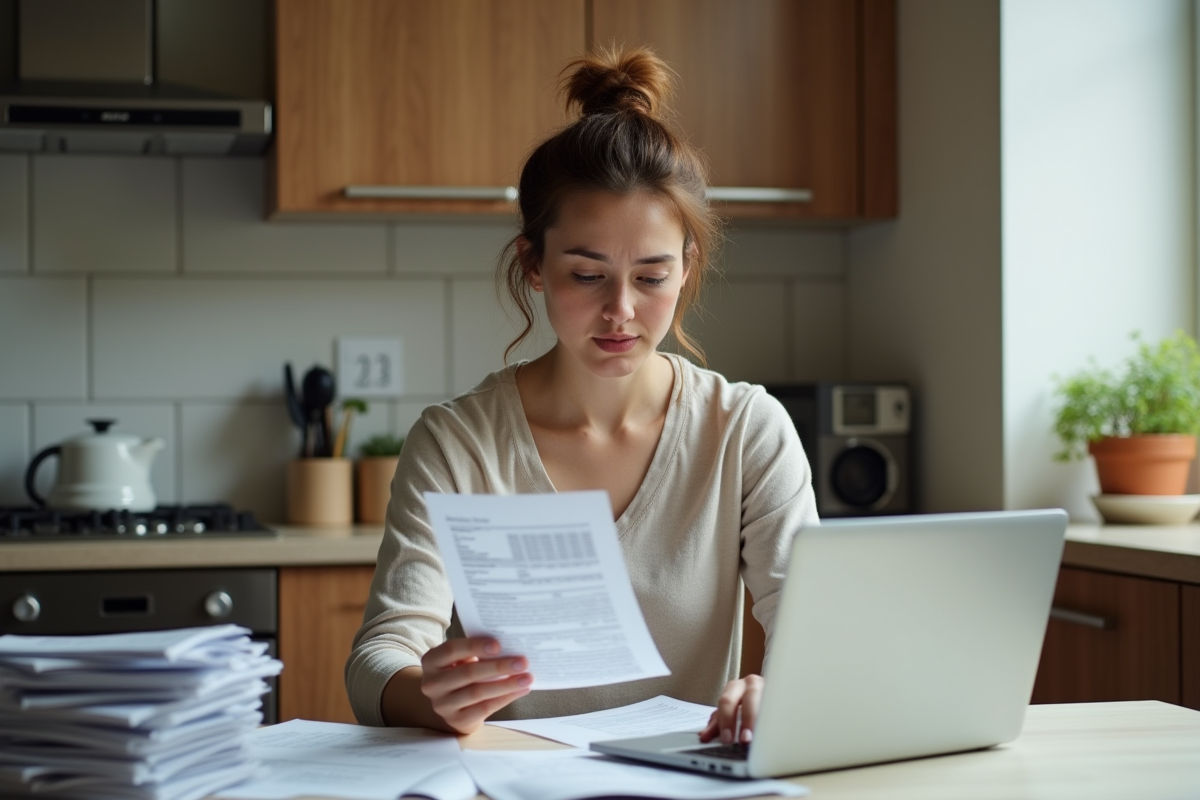 Jeune femme examinant des factures à la maison