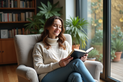 Femme souriante dans un salon cosy avec journal et plantes