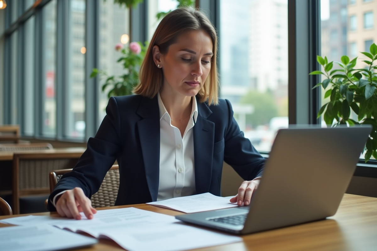 Femme en coworking lisant un document dans un café lumineux