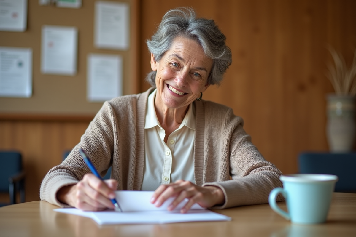Femme écrivant des enveloppes de dons dans un centre communautaire
