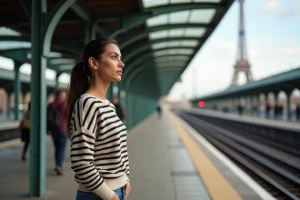 Jeune femme devant la tour Eiffel à BirHakeim