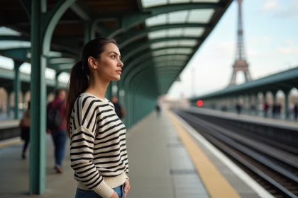 Jeune femme devant la tour Eiffel à BirHakeim