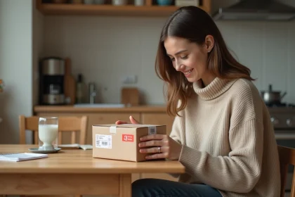 Jeune femme inspectant un colis Chine Post à la maison