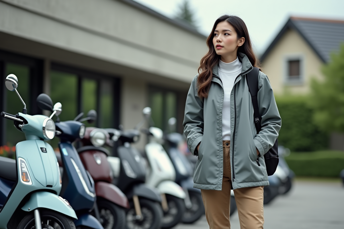 Femme regardant une ligne de scooters 50cc devant un concessionnaire