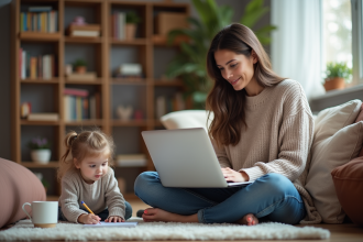Femme et fille dans un salon chaleureux avec ordinateur